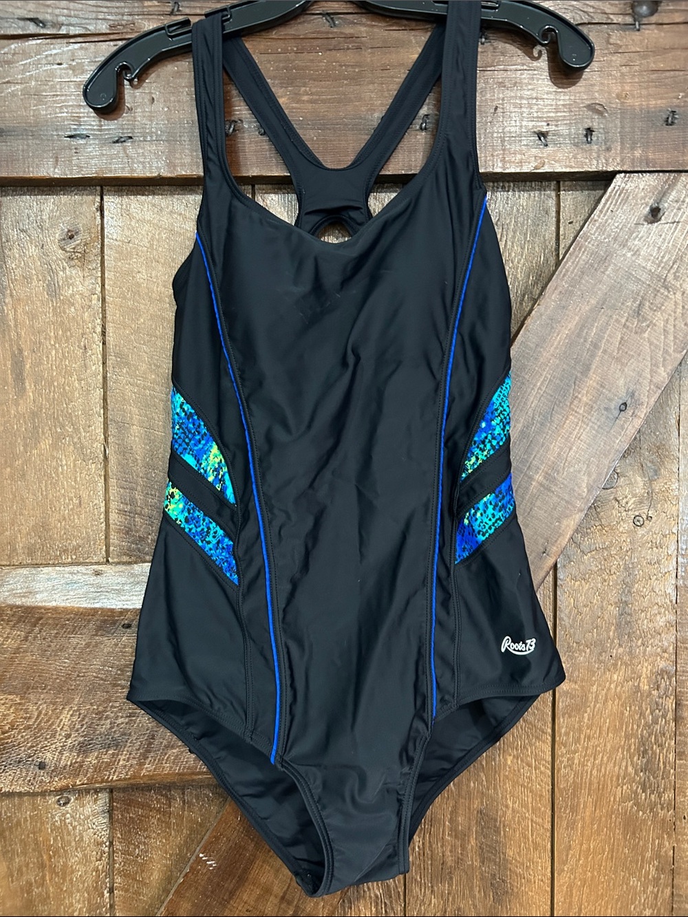 Roots Black One-Piece Swimsuit with Blue and Teal Side Panels